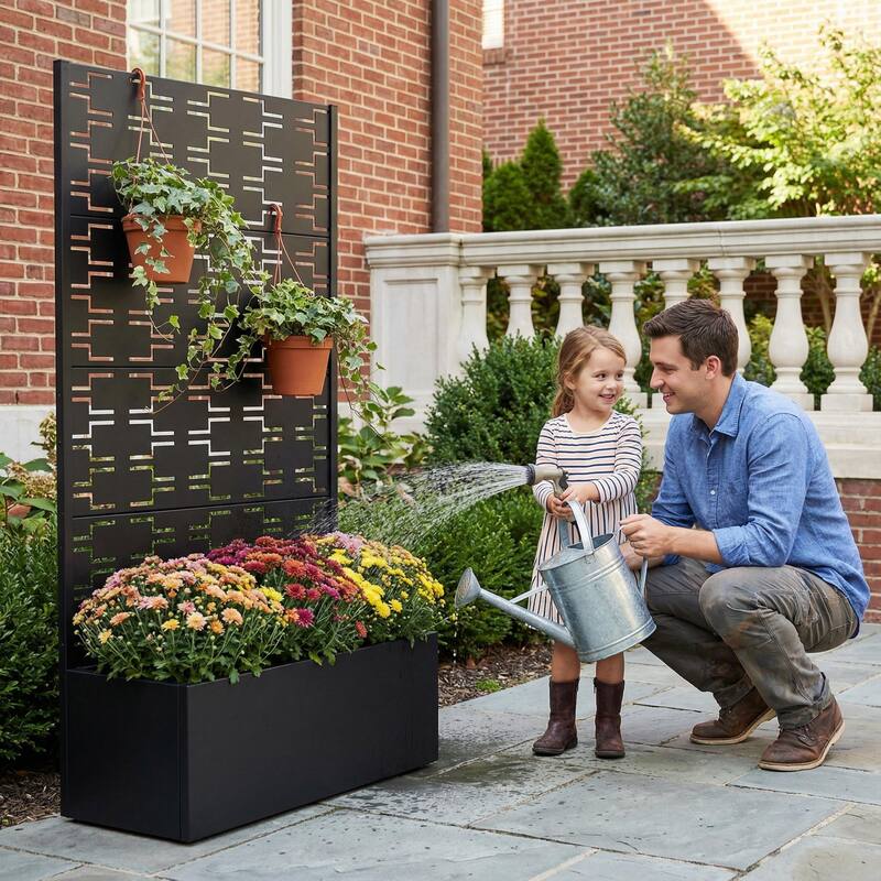 Metal Galvanized Planter Box with Trellis Privacy Screen Lockable Wheels