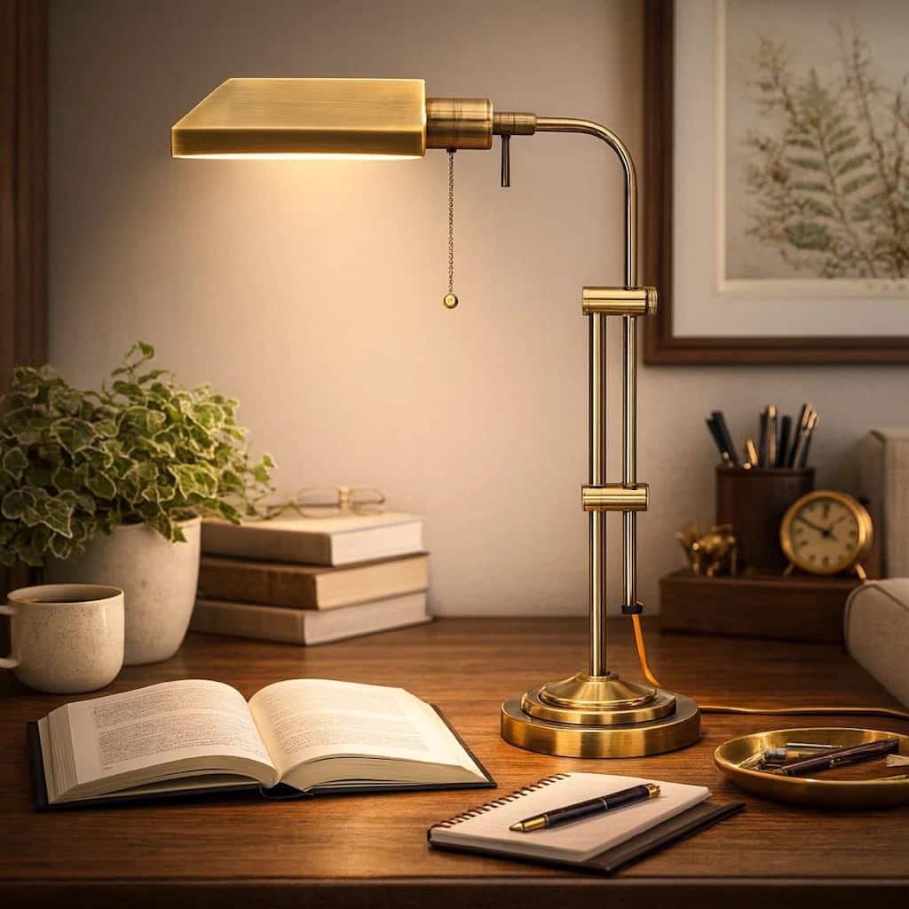 Metal Rectangular Desk Lamp with Adjustable Pole, Gold