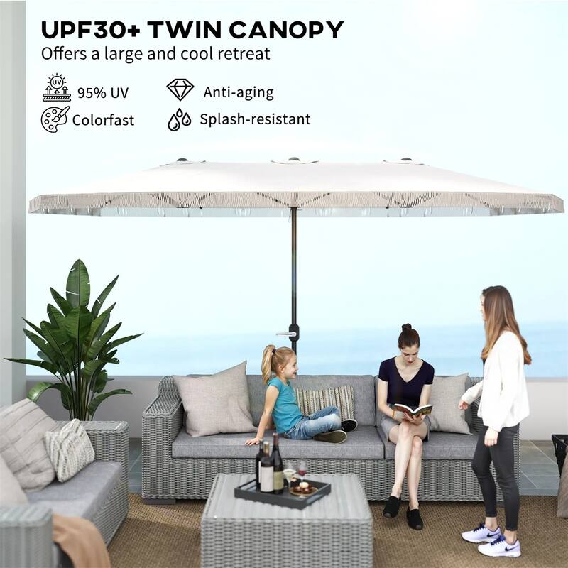 Large Double Rectangle Patio Umbrella with Crank Lift and UV Protection Steel Pole Fringe