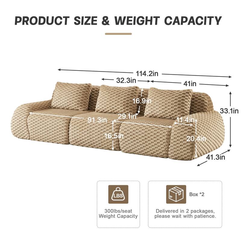 114" Modern Modular Sectional Sofa for Living Room,Flannelette Fabric,Oversized 3-Seater Couch,boneless sofa,Deep Seat