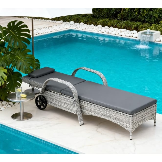 GDFStudio - Outdoor Adjustable Backrest Rattan Pool Lounge Chair with Wheels and Cushion - Black