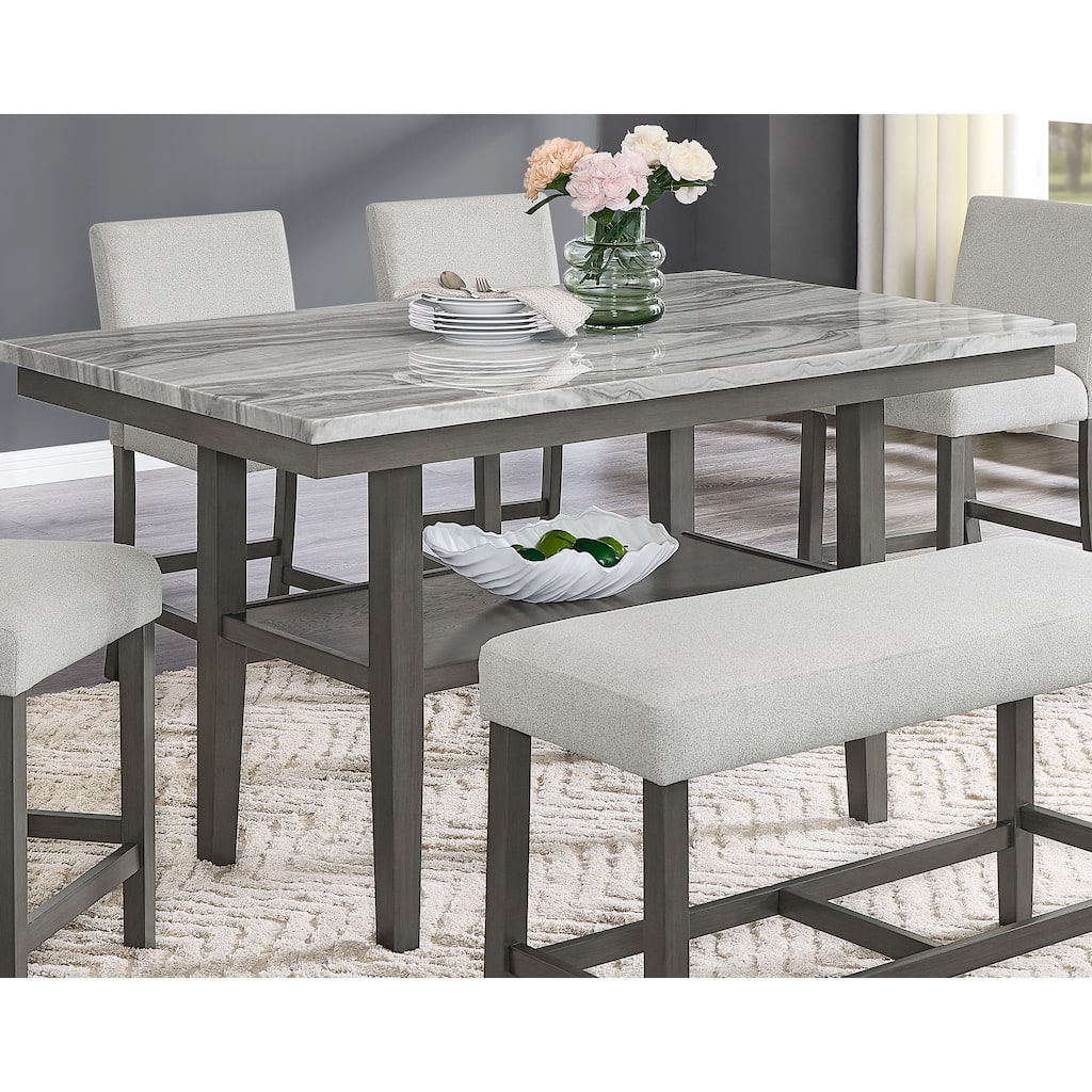 Selena 60" Rectangular Gray Faux Marble Counter Height Table with Storage Shelf & Gray Wood Legs