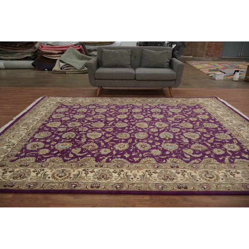 Hand Knotted Oriental Wool & Silk Carpet Traditional All-Over Purples Tabriz Area Rug - 10' 4'' X 8' 1''