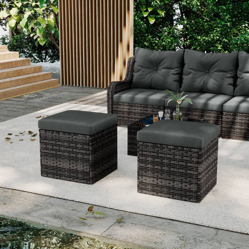 Outdoor Patio PE Wicker Ottoman with Cushion Set of 2