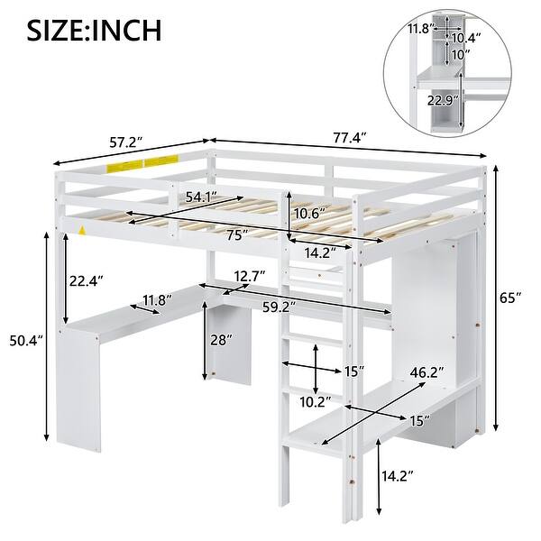 dimension image slide 1 of 2, Full Loft Kids Bed with L-shaped Desk, Wardrobe, Storage Shelves, Integrated Ladder, Guardrails & secured wood slats, White