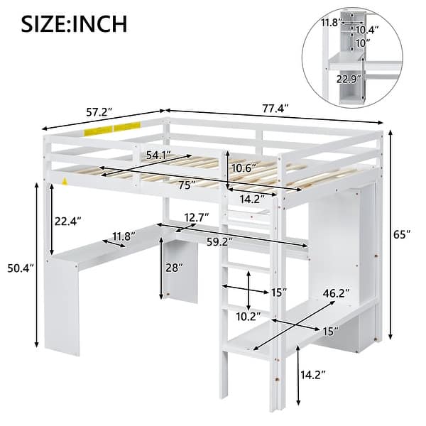 White Full Size Solid Wiood Loft Bed with L-shaped Desk, Wardrobe and Storage Shelves