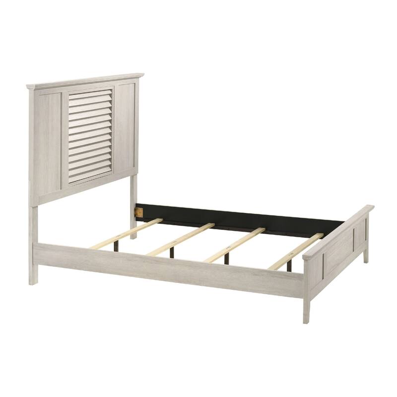 Sary Queen Size Bed w Tall Louvered Headboard, Tapered Front Legs, Off White