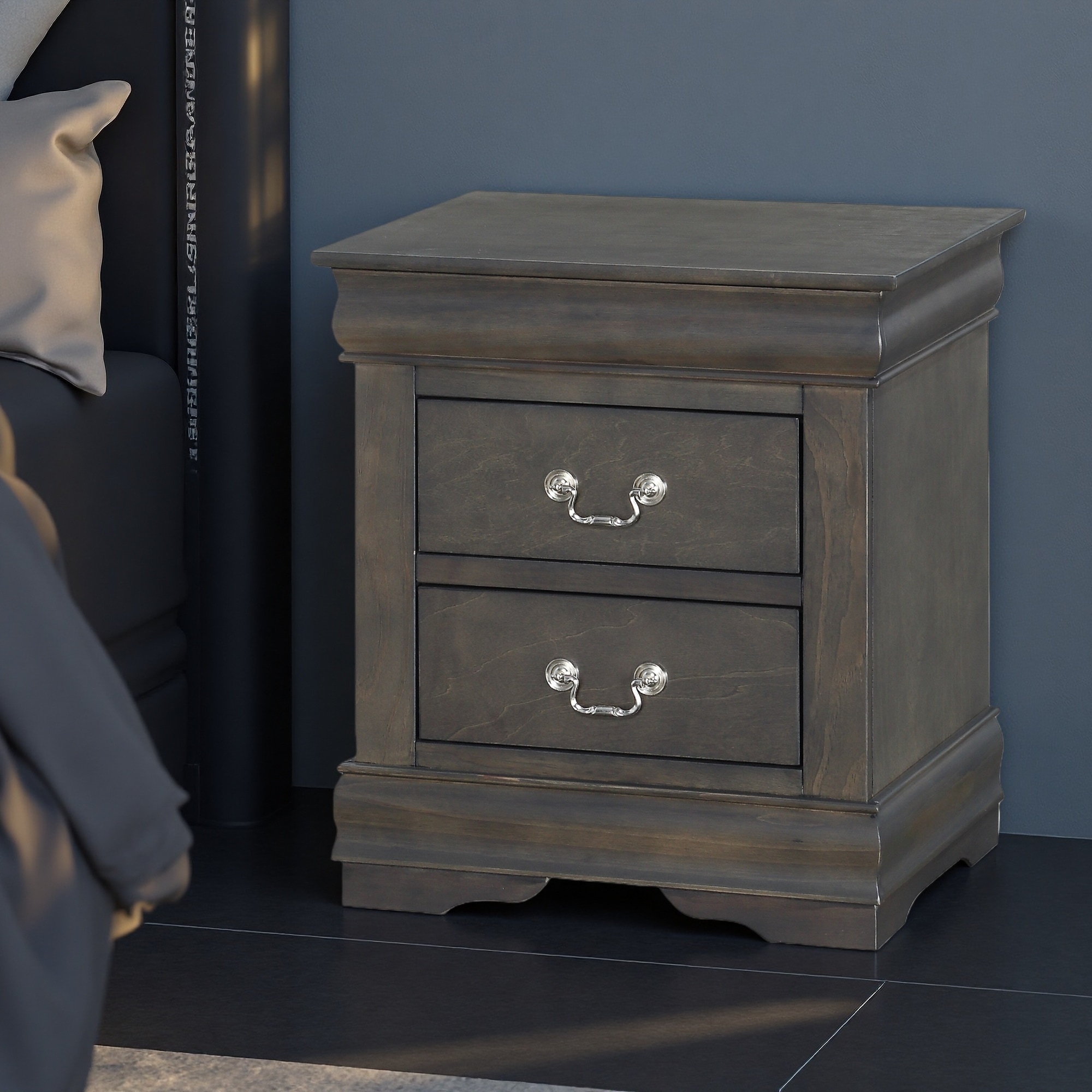 21"L Solid Pine & Gum Veneer Nightstand, 2 Drawers, Elegant Metal Hardware, Durable Center Glide