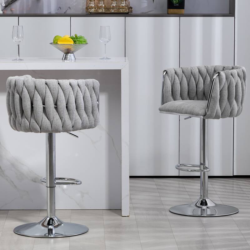360°Velvet Swivel Bar Stools Set of 2, Adjustable Counter Height Bar Chairs with Woven Back & Footrest, chromed Bar Stools