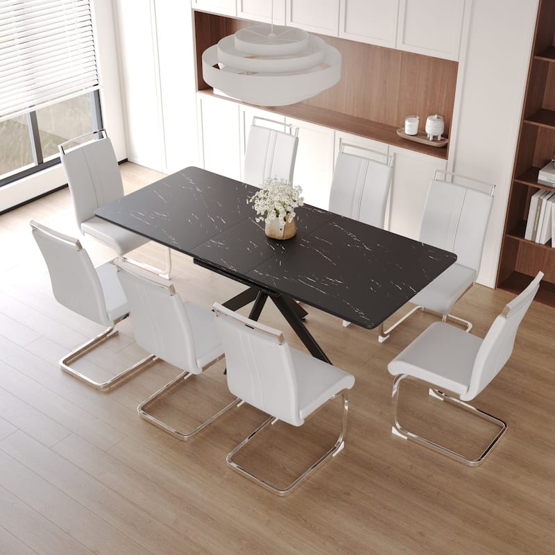 Modern Dining Set with Rectangular Extendable Large Table & C-shaped Tube Soft Padded Armless Chairs - 9-Piece Sets - Black White