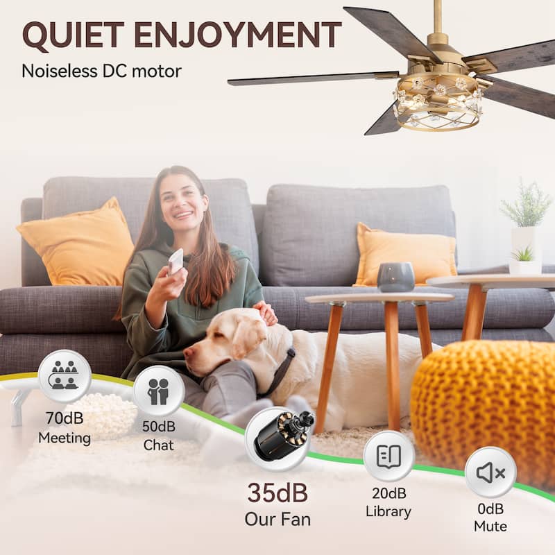 52" Reversible 5-Blade Farmhouse Glam Floral Glass Caged Ceiling Fan with Light and Remote