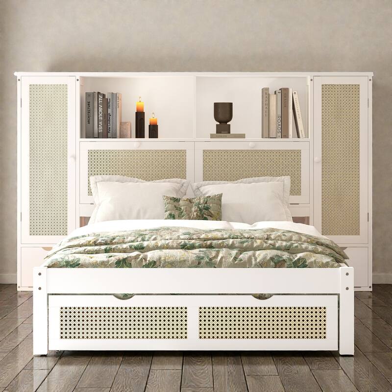Twin Size Wooden Platform Bed with Rattan Headboard, Storage Lockers, Drawer and Shelf - White - Twin