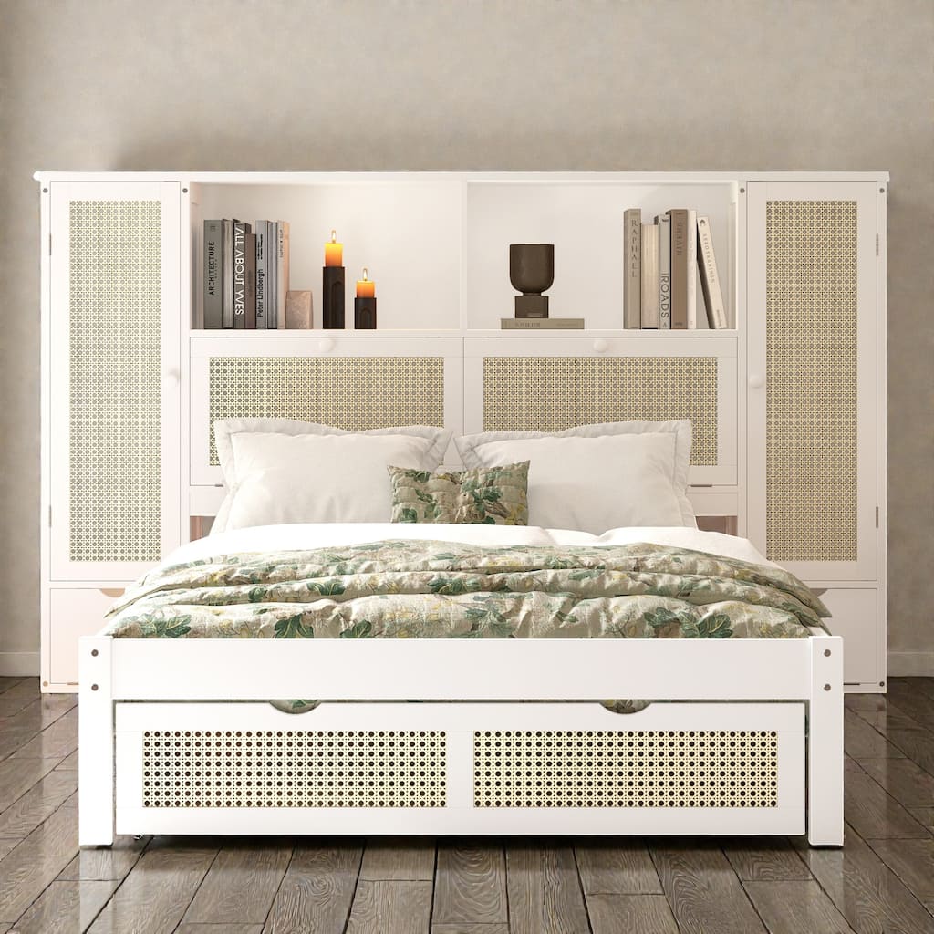 Twin Size Wooden Platform Bed with Rattan Headboard, Storage Lockers, Drawer and Shelf