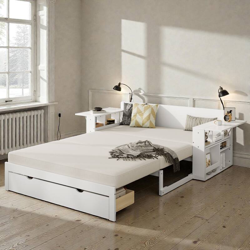 Full Size Daybed with Removable Desk, Storage Drawers & Hydraulic Side Table, Multi-Functional Sofa Bed for Small Spaces