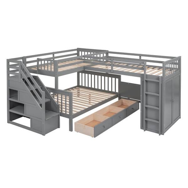 slide 2 of 14, Gray L-Shaped Wood Triple Bunk Bed Bunk Storage Bed w/Desk, Wardrobe Gray - Full