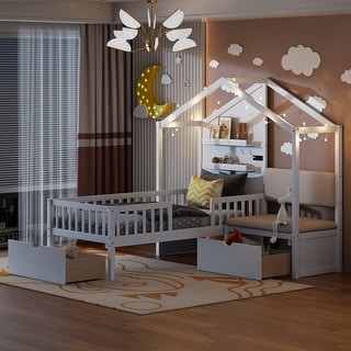 Versatility Twin Size House Bed with Upholstered Sofa, Wood Guardrail Bed with Shelves and Two Drawers, Charging Station Design