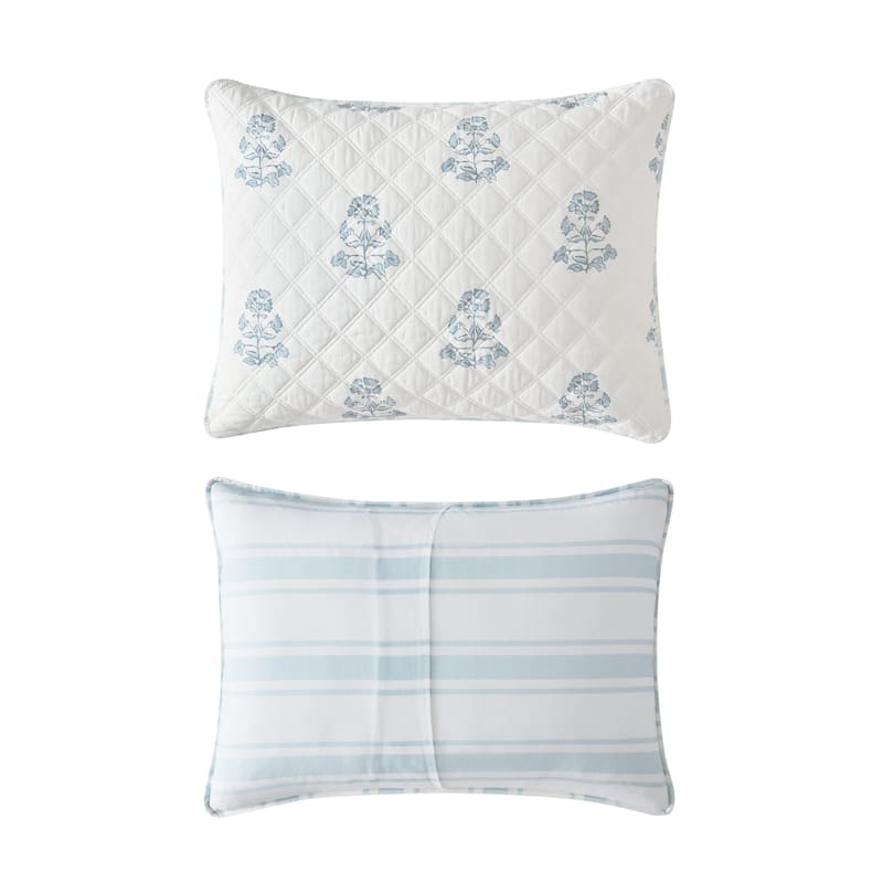 Martha Stewart Flower Block Print Cotton Reversible Blue Quilt Set