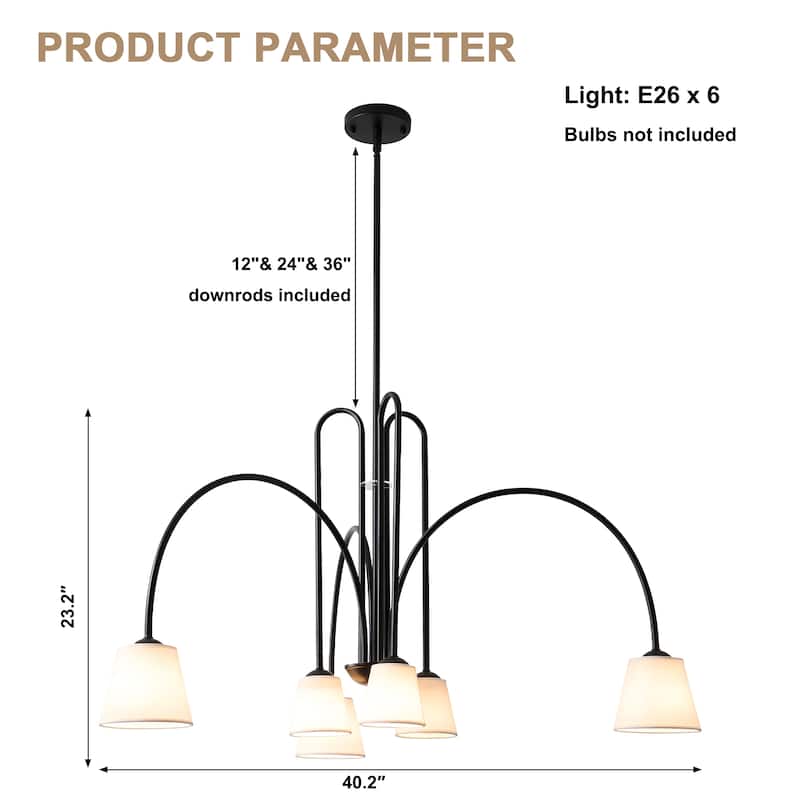 Bella Depot 40" 6-Light Black Metal Chandelier Adjustable Pendant Light for Dining Room Bedroom