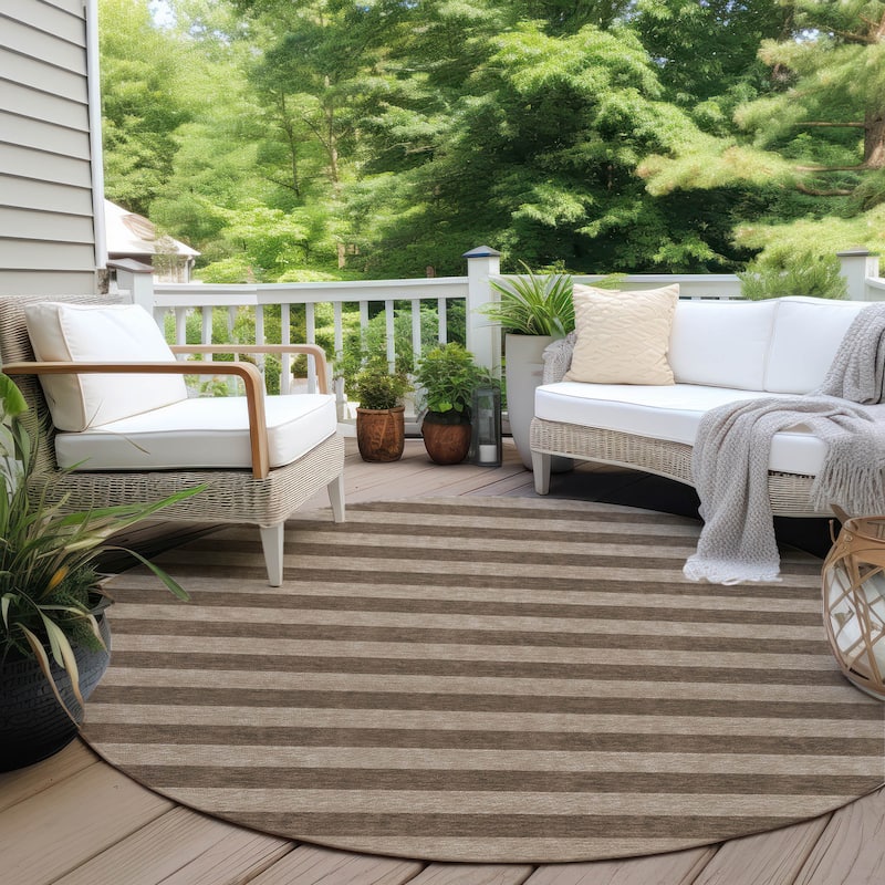 Machine Washable Indoor/ Outdoor Cabana Stripe Chantille Rug - Coffee - 8' x 8'
