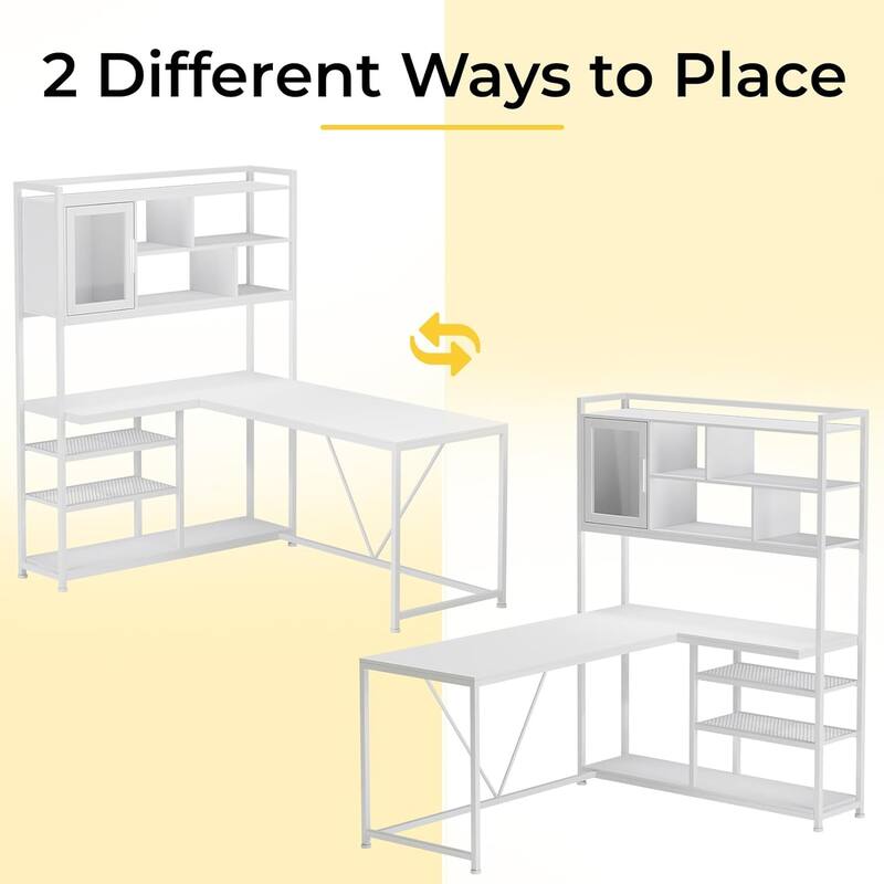 L Shaped Computer Gaming Corner Desk LED Light Storage Bookshelf