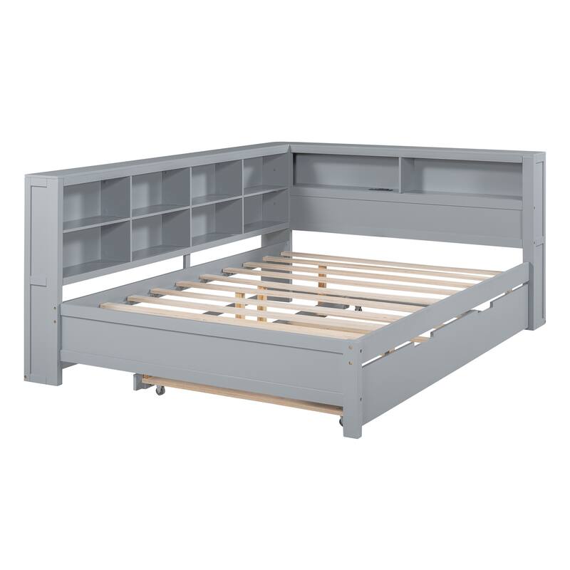 Wooden DayBed with Trundle, Storage Shelf and USB Charging Ports