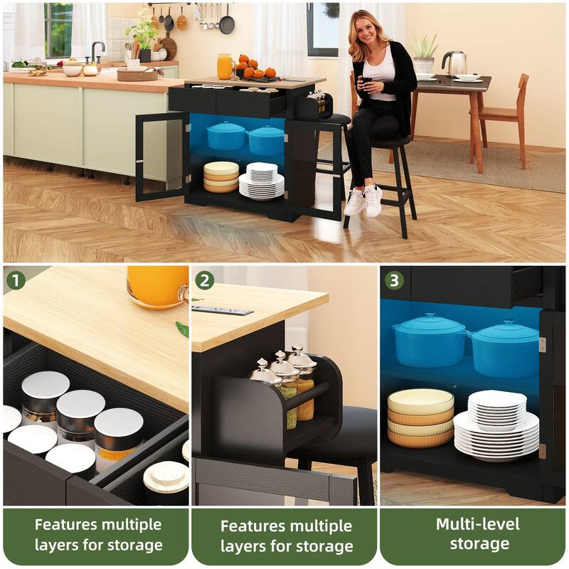 Moasis Rolling Kitchen island with Seating and LED Lights,Mobile Storage Islands with Drop Leaf, Dining Table with Power Outlet