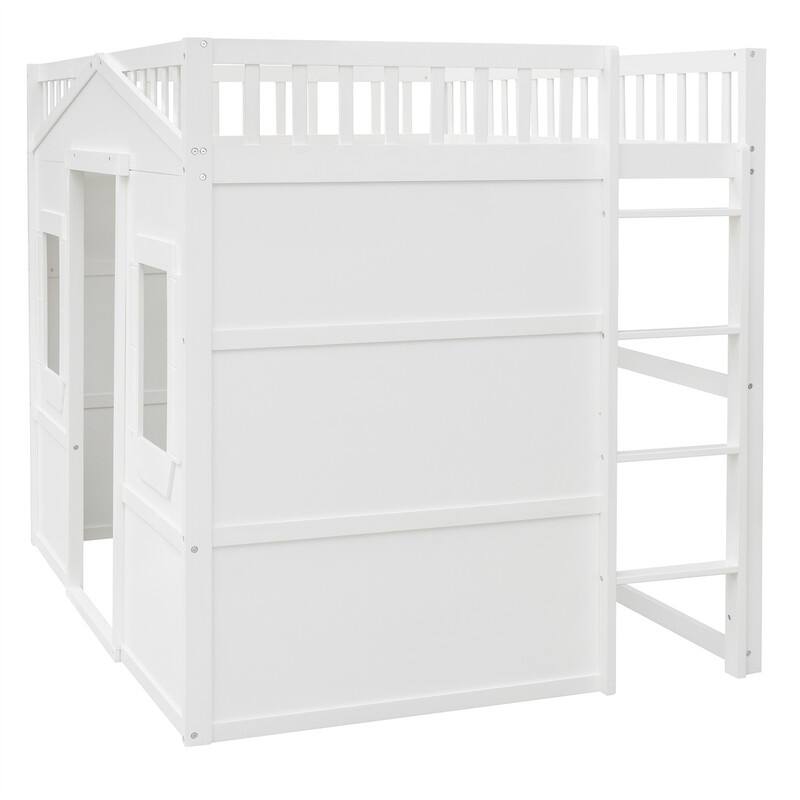 Solid Wood House Loft Bed with Window Design and Ladder, Twin/Full Size Playhouse Bed Loft Bed Frame with Guardrail for Kids