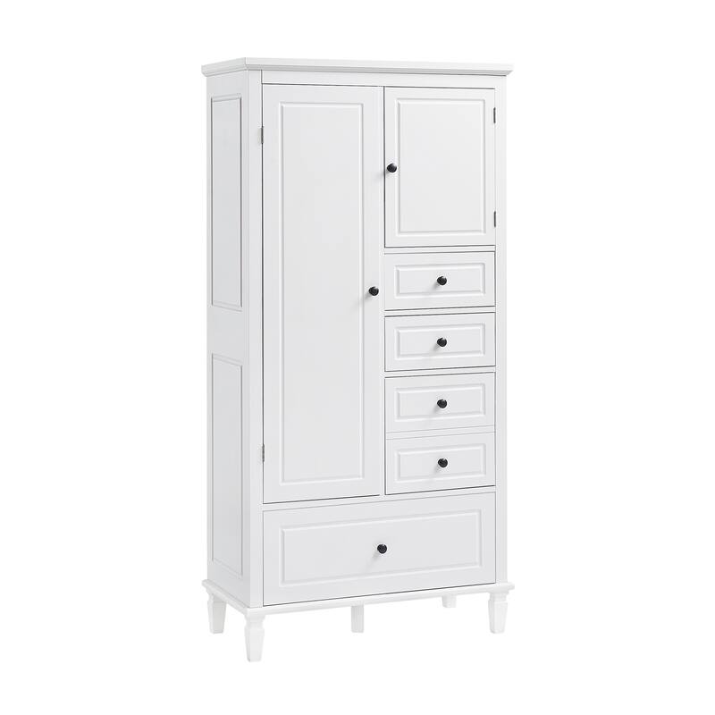 White Pine Wood Tall Storage Cabinet with 4 Different Sizes Drawers, Adjustable Shelves and Anti-Tipping Feature, Multi-Room Use