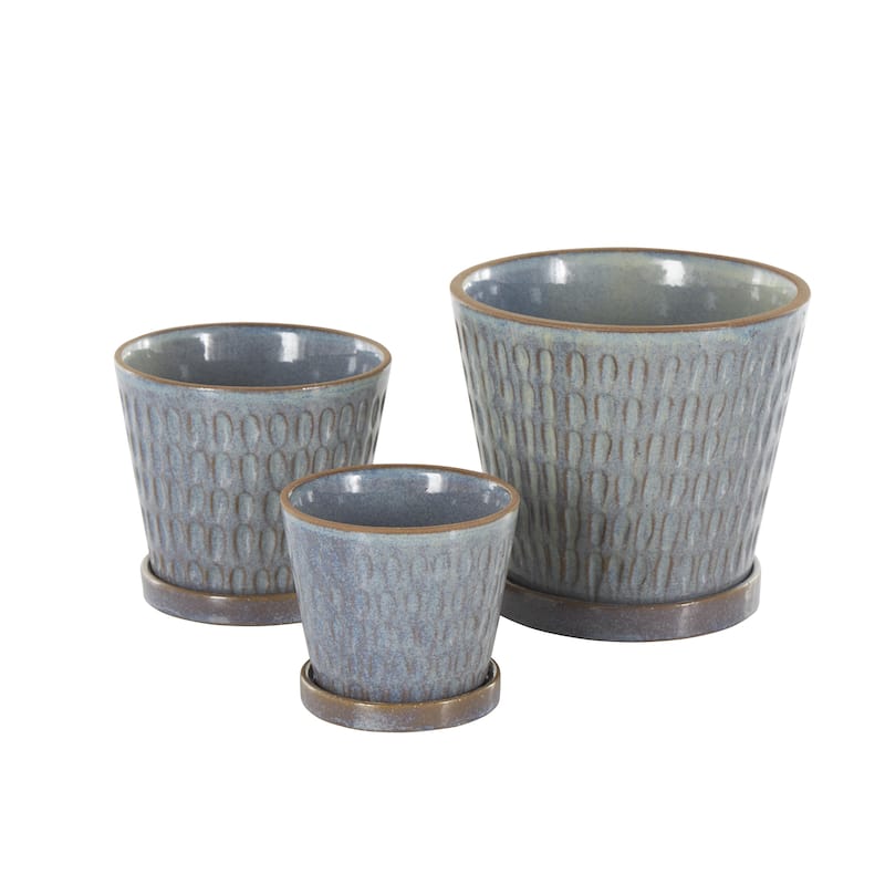 Ceramic Geometric Oval Patterned Indoor Outdoor Planter with Brown Accents and Base Tray - Set of 3 Blue - Roche River Decor