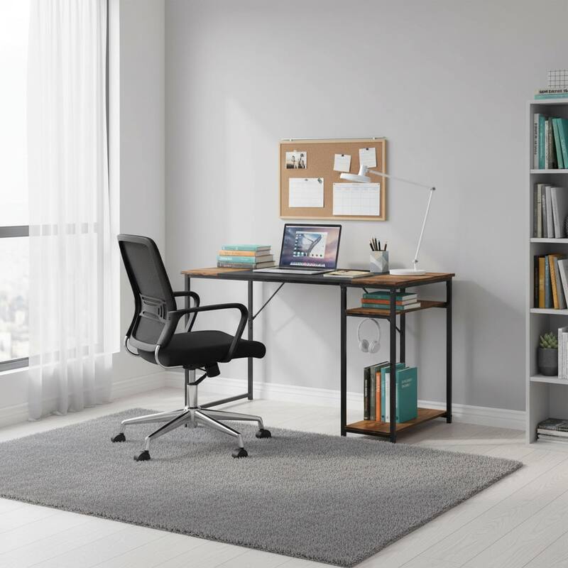 Homylin Industrial Writing Desk with Side Storage Shelves, Black Brown