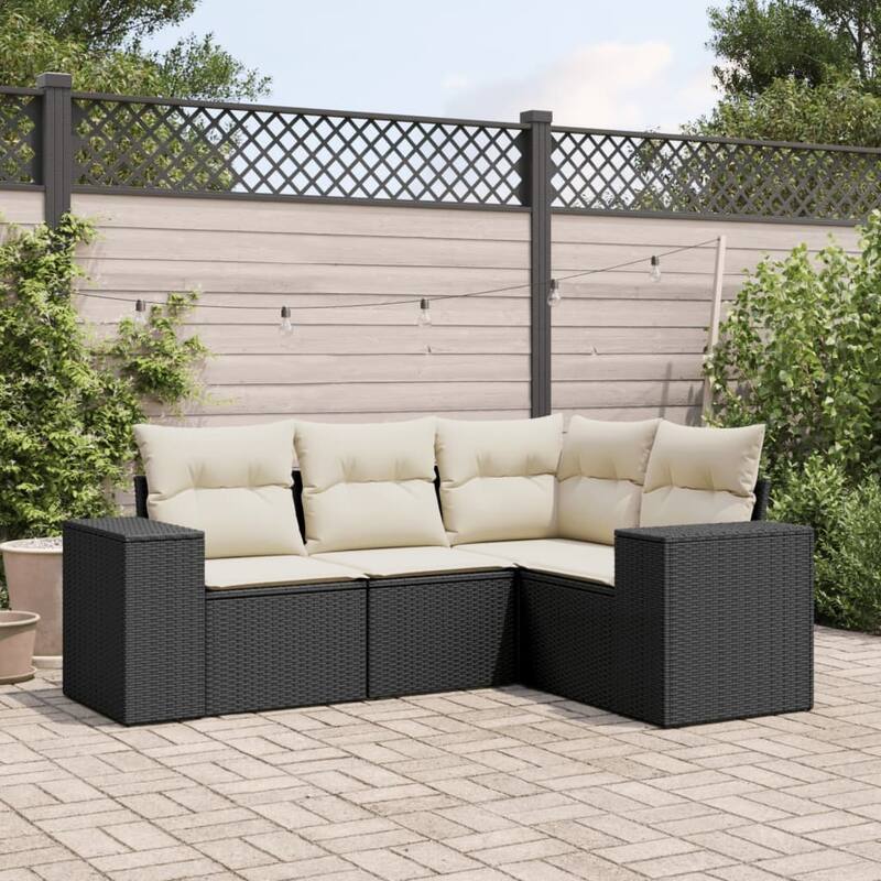 vidaXL Patio Sofa Set with Cushions Outdoor Conversation Furniture Poly Rattan - Black and cream without table - 24.4 x 24.4 x 27.2