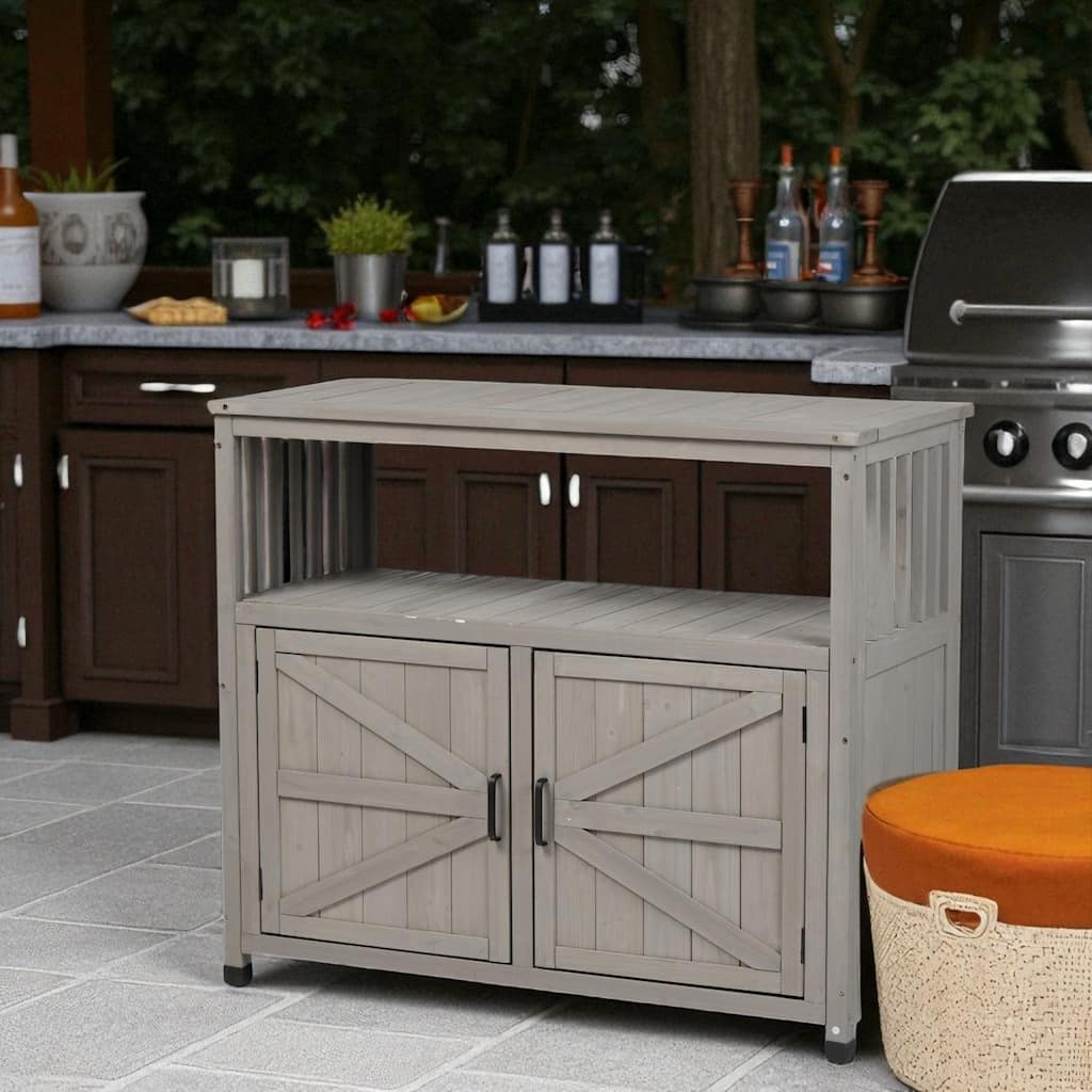 Cedar Wood Outdoor Bar Table with Storage, Patio Buffet Cabinet Sideboard for Garden, Deck, and Backyard