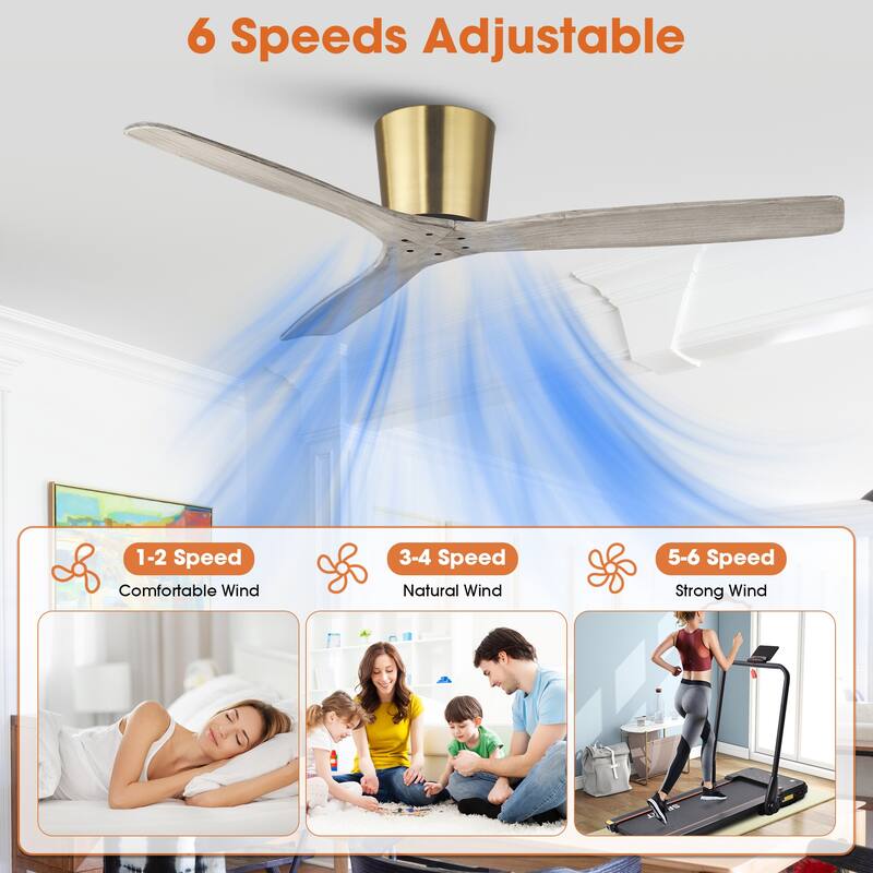 54" Farmhouse Gold Solid Wood Flush Mount Ceiling Fan without Light