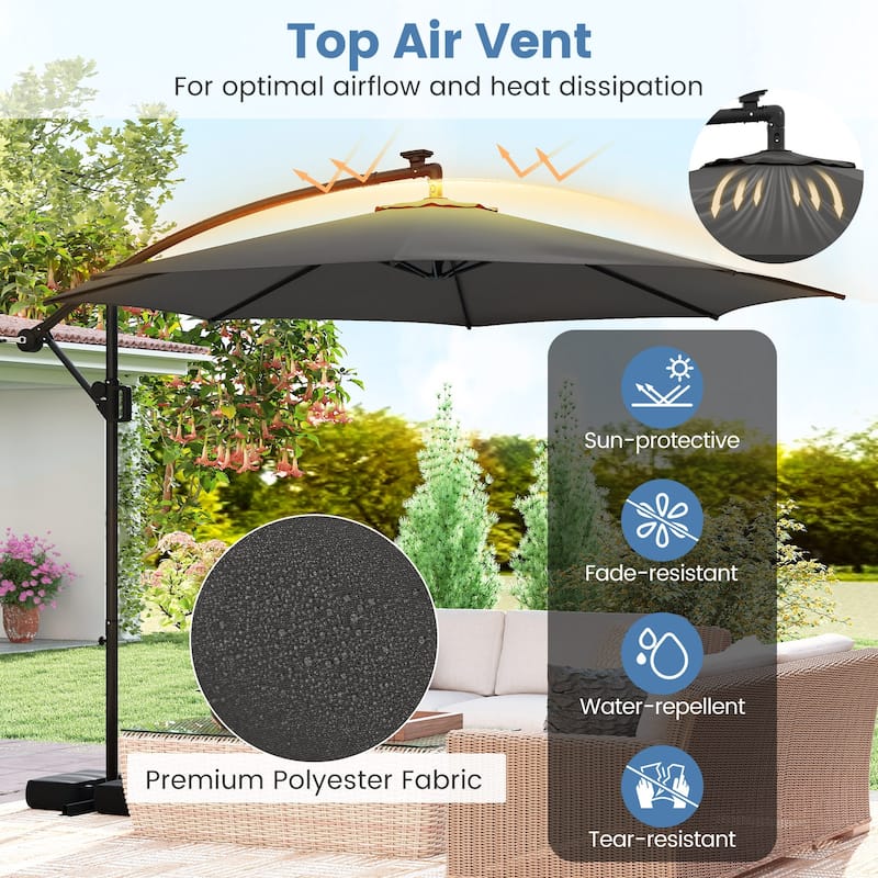 10FT Grey Polyester Cantilever Offset Patio Umbrella with 96 LED Lights Solar Panel and Metal Pole