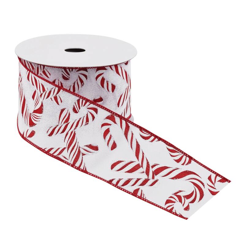 Candy Cane Print Wired Ribbon (Set of 2) - N/A