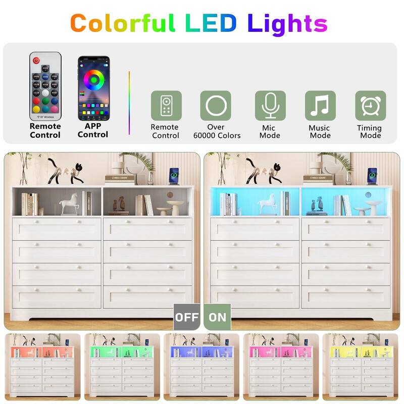 8 Drawers Wooden Dressers for Bedroom Living Room, Hallway, Wood Dressers with Led Lights and Charging Station