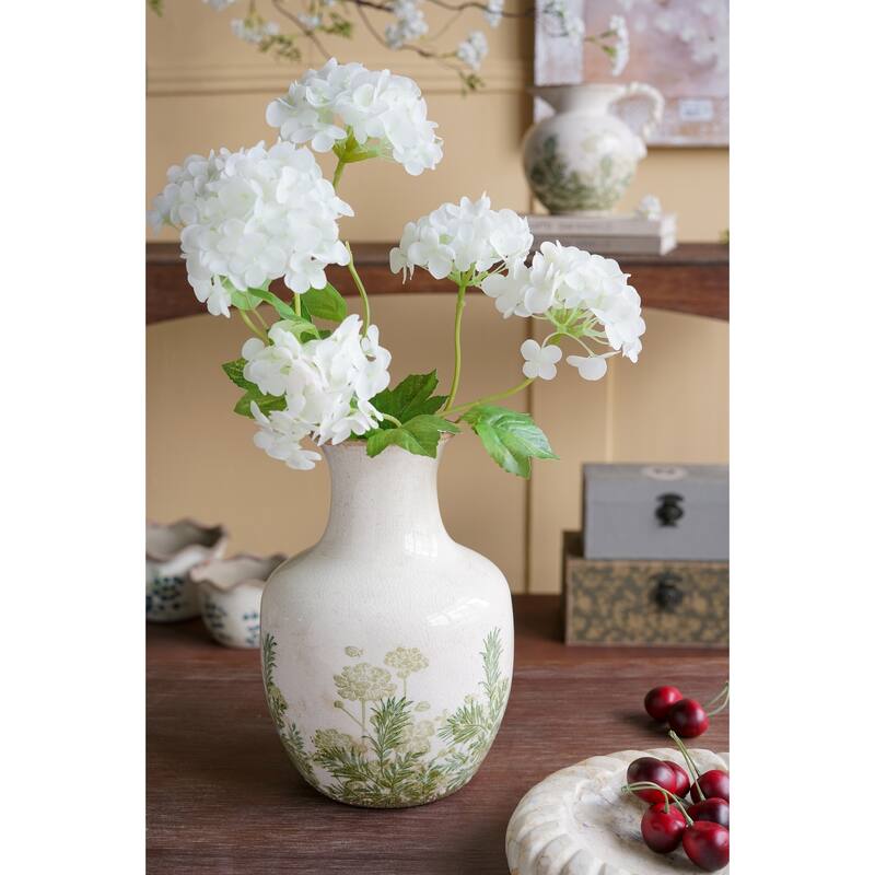 6.9x6.9x10" White Ceramic Vase With Green Floral Motif