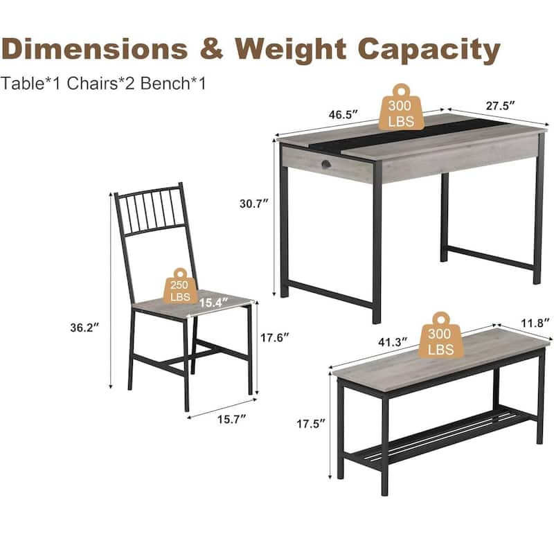 Space Saving Kitchen Dining Table Set with Bench and 2 Chairs and Storage Drawers