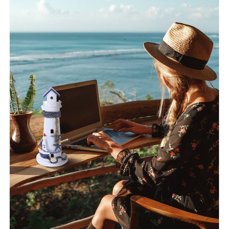 CoTa Global Ocean Blue Lighthouse Decor with Blue Starfish & Sailboat - 11″Lx4.8″Wx4.8″H