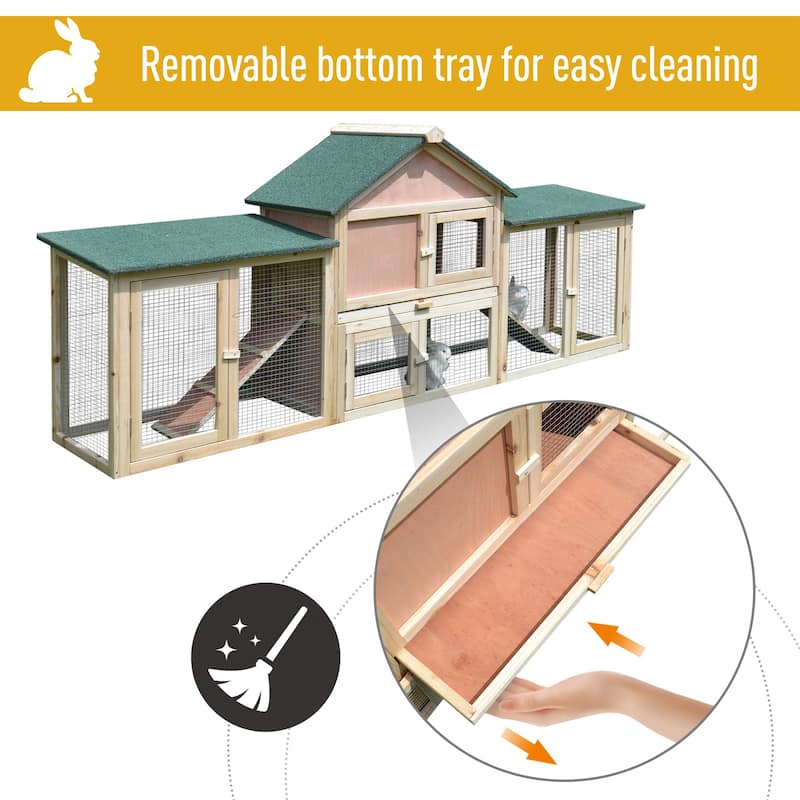 PawHut 83" Wooden Rabbit Hutch Large Bunny Hutch House with Double Run, Removable Tray and Waterproof Roof for Outdoor