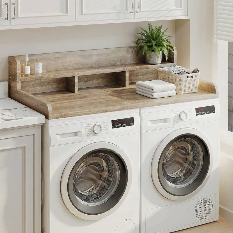 Washer Dryer Countertop with Non-slip Pads, Laundry Wood Shelf Topper with Edge, for Washer and Dryer Laundry Hamper Counter - Brown+Sand