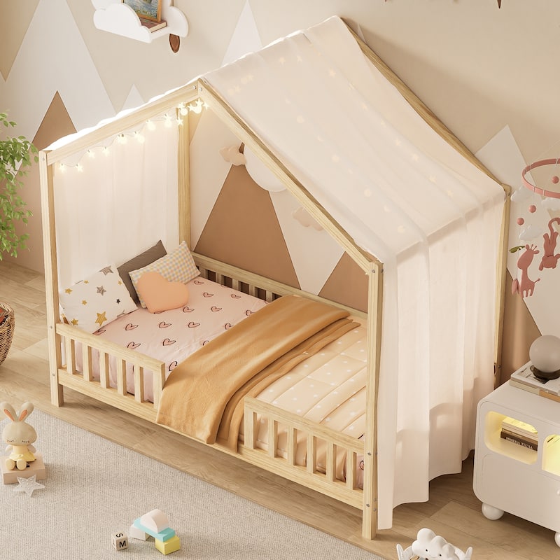 Montessori Bed, House-shape Frame Platform Bed for Kids Toddler, Wood House Daybed with High Railings and Roof, Canopy Bed Frame - Natural - Twin