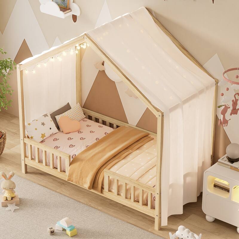 Montessori Floor Bed with Canopy, Twin Bed Frame for Kids, House Shape Toddler Bed Frame with High Railings,Twin
