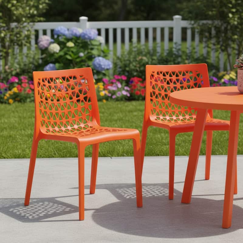 HomeRoots Set of Two Orange Heavy Duty Plastic Outdoor Stacking Dining Chairs - Orange