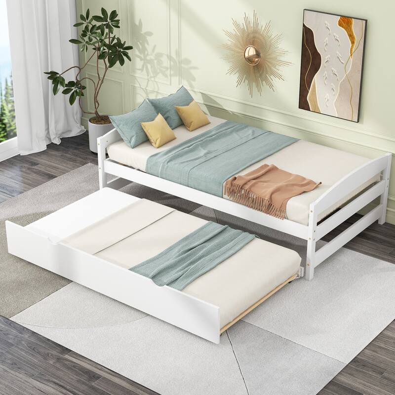 White Twin Size Platform Bed with Trundle, Space-Saving Design - White