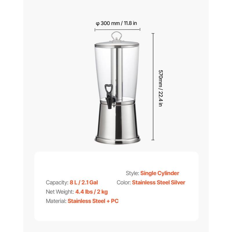 2.1-Gal Stainless Steel Beverage Dispenser with Ice Core and No-Drip Spigot for Juice or Water - 11.8 x 9.5 x 22.4 in
