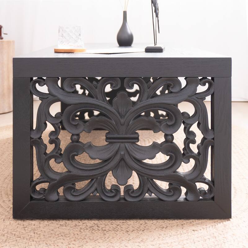 47.2" Carved Wood Coffee Table - Handcrafted Look with Ornate Side Panels