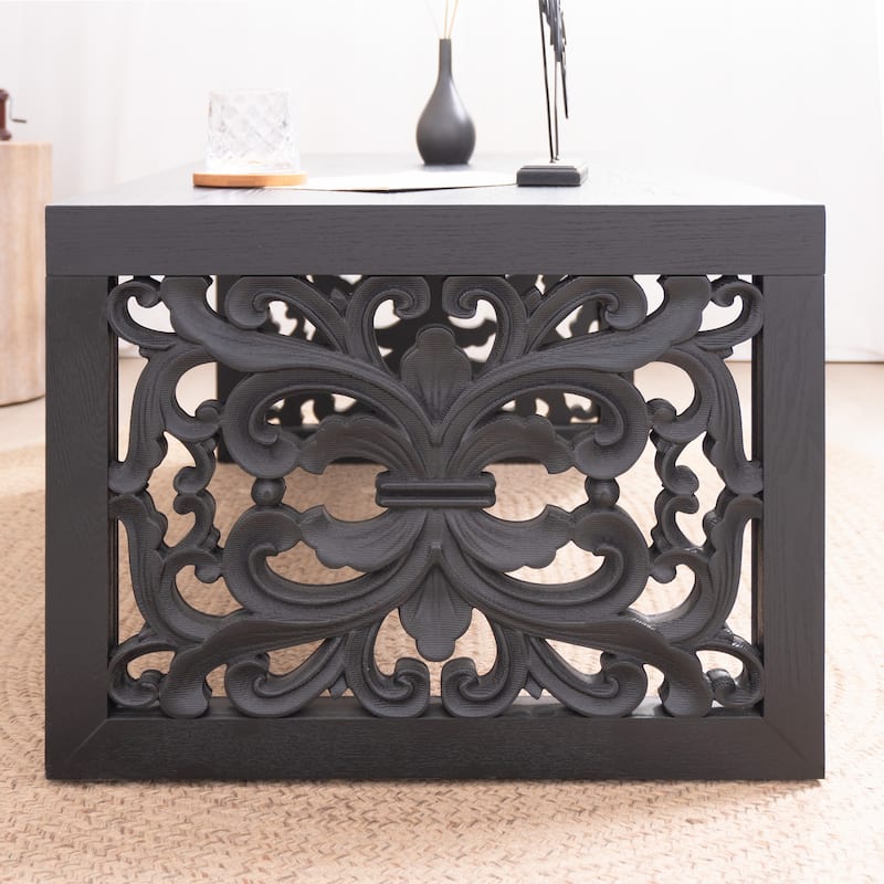 47.2" Solid Black Carved Wood Coffee Table