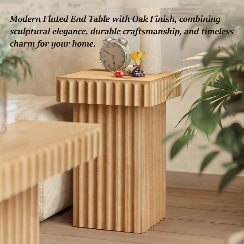 COZAYH Modern Square Fluted Solid Wood Coffee Table,Sculptural Accent Side Table with Textured Design