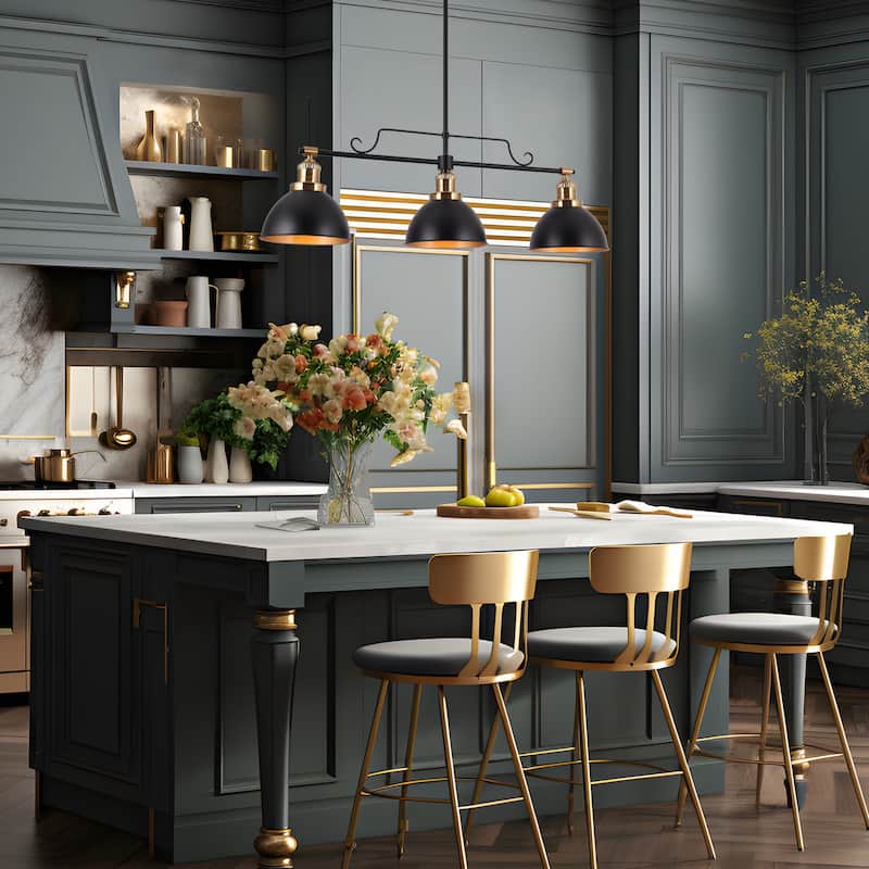 Modern 3-Light Black Gold Linear Chandelier Bowl Metal Kitchen Island Pendant Lighting for Dining Room - 34.5"L x 8"W x 11"H